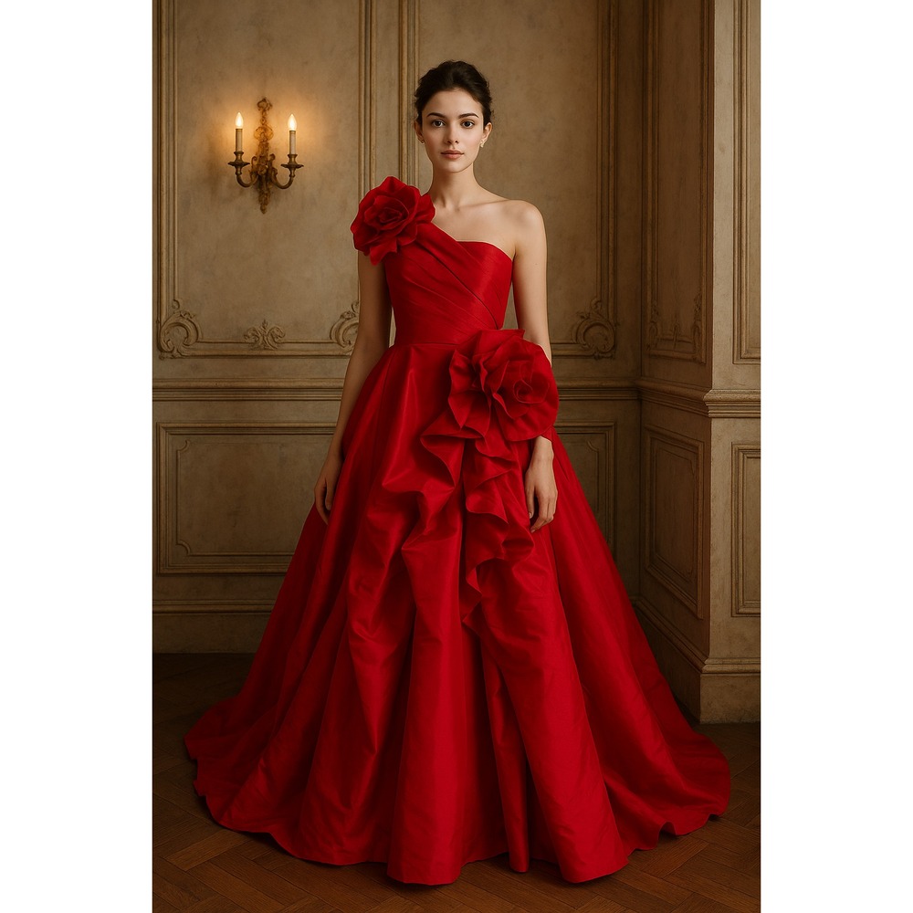 NEW MAC‎ DUGGAL [ 2 ] 11992 ONE SHOULDER Embellished Rosette Ball Gown in Red
